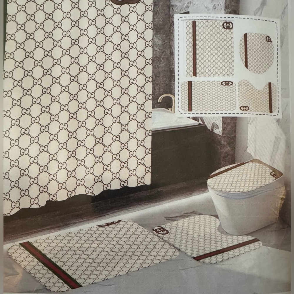 Elegant Patterned Shower Curtain Set - Cream and Brown - Picture 2 of 7
